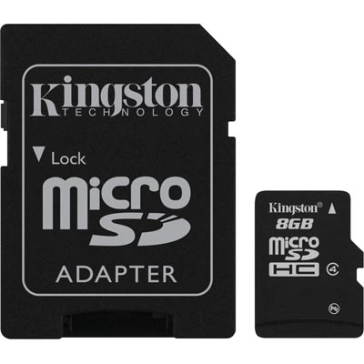 Kingston minneskort, microSDHC, 8GB, SDHC-adapter, Class 4